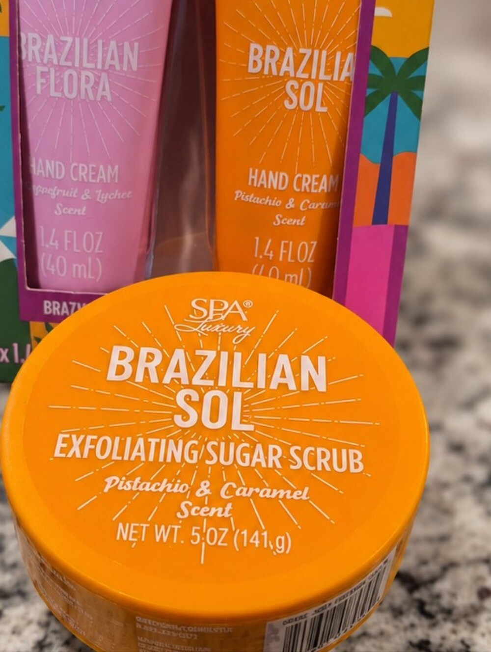 Spa Brazilian Sol & Flora Hand Cream Sugar Scrub Gift Set NEW - Picture 3 of 3